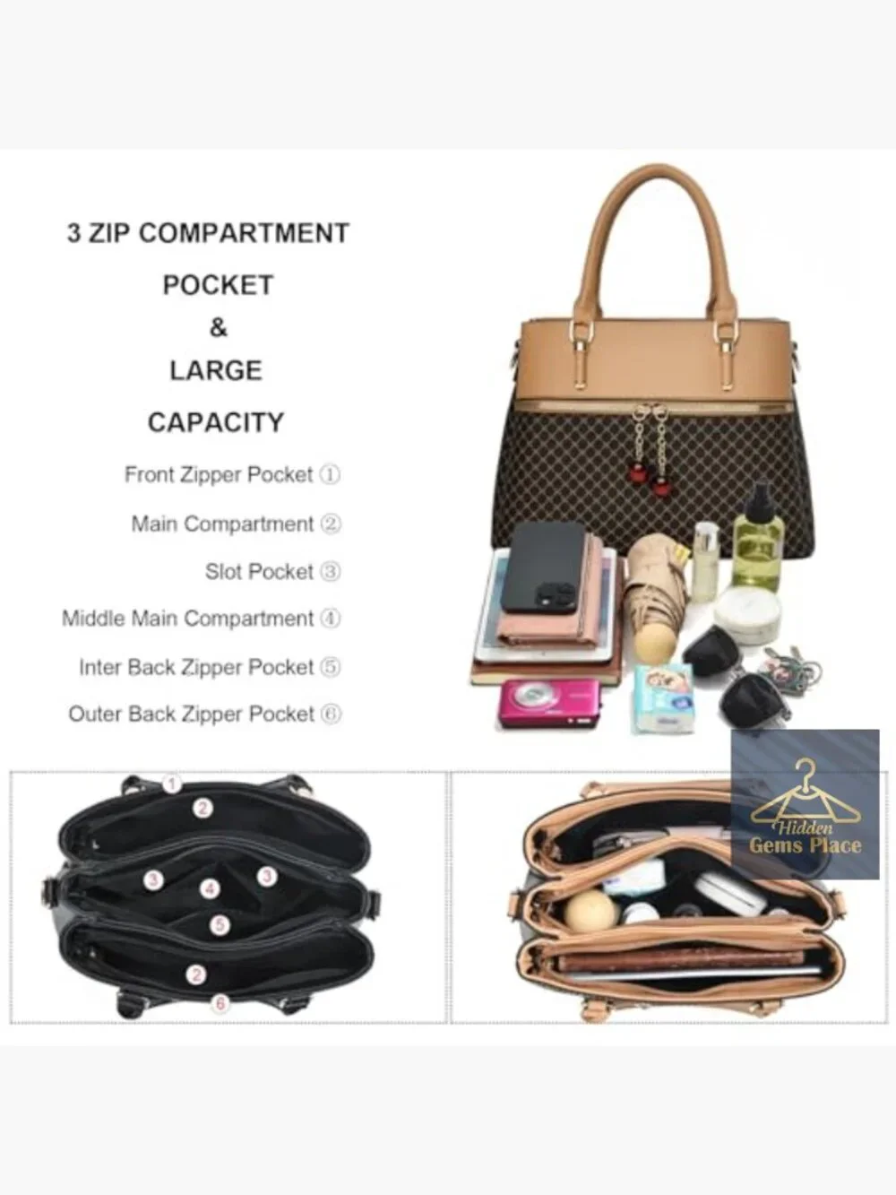 3 Zip Compartments Trendy Leather Tote Bag Shoulder Satchel Purse